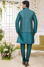 Teal Art Silk Kurta Pajama with Waistcoat Jacket for Men for Festivals & Wedding - Embroidery Work