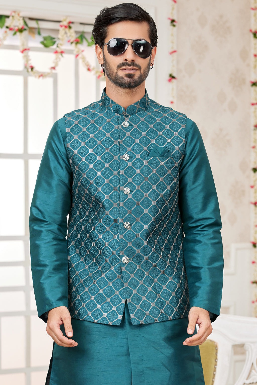 Teal Art Silk Kurta Pajama with Waistcoat Jacket for Men for Festivals & Wedding - Embroidery Work