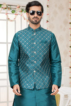 Teal Art Silk Kurta Pajama with Waistcoat Jacket for Men for Festivals & Wedding - Embroidery Work