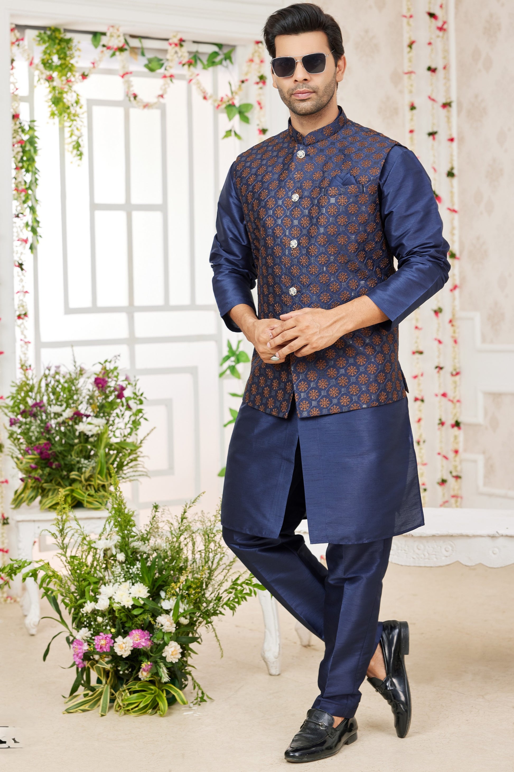 Kurta Pajama Work Waistcoat Navy Blue Art Silk Kurta Pajama With