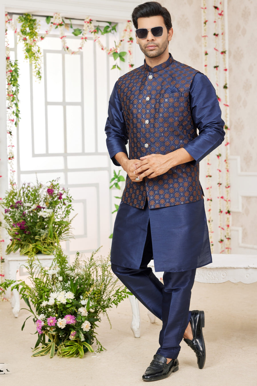 Navy Blue Art Silk Kurta Pajama with Waistcoat Jacket for Men for Wedding & Festivals - Embroidery Work