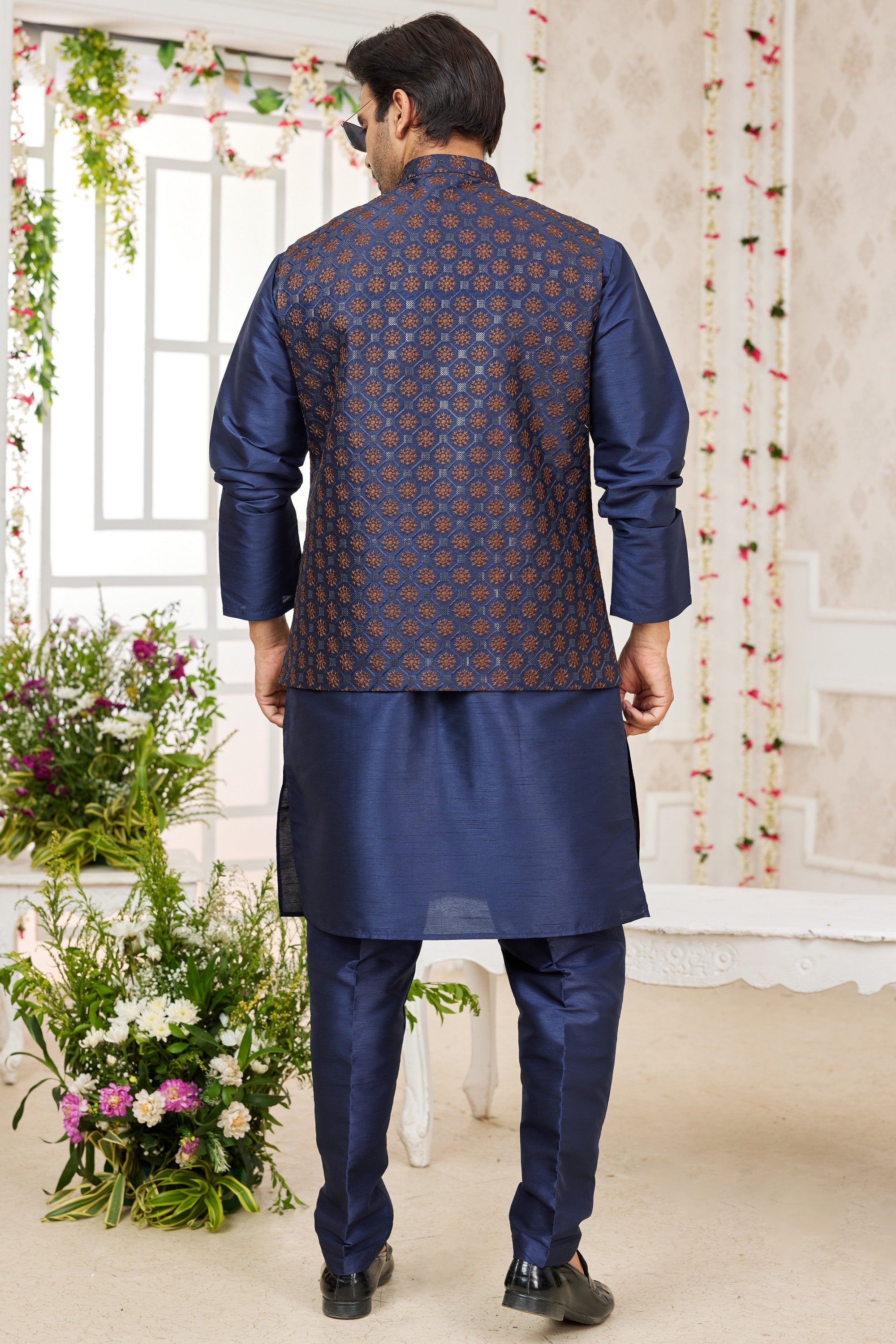 Navy Blue Art Silk Kurta Pajama with Waistcoat Jacket for Men for Wedding & Festivals - Embroidery Work