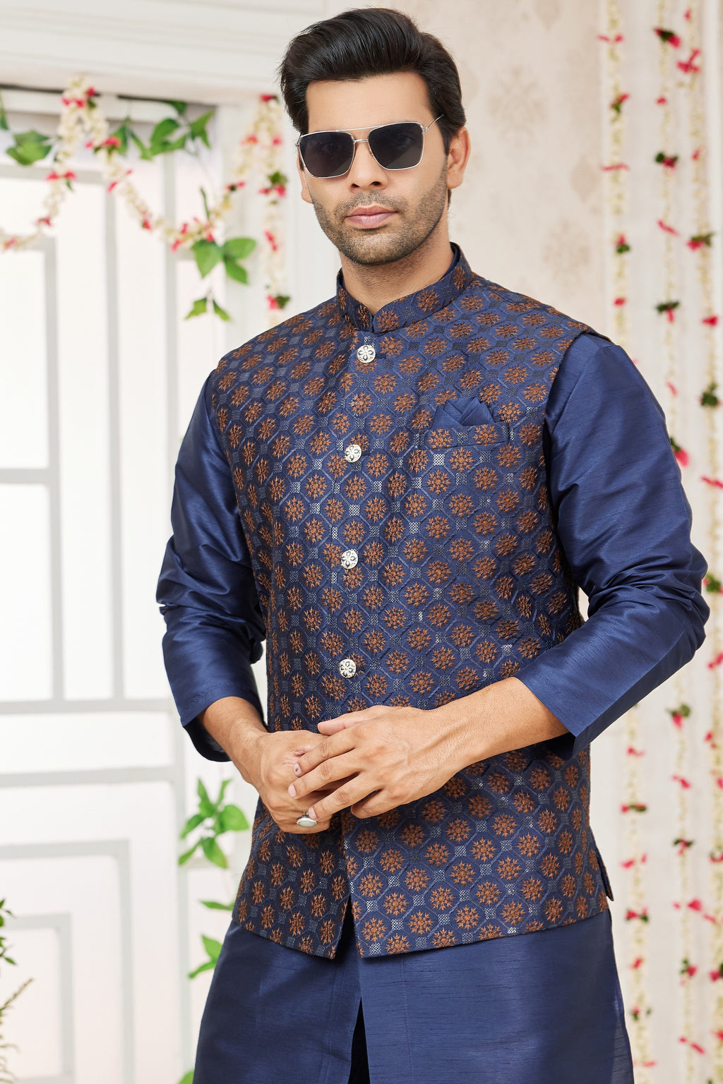 Navy Blue Art Silk Kurta Pajama with Waistcoat Jacket for Men for Wedding & Festivals - Embroidery Work