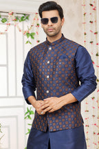 Navy Blue Art Silk Kurta Pajama with Waistcoat Jacket for Men for Wedding & Festivals - Embroidery Work