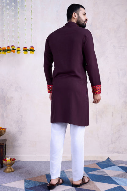 Purple Rayon Kurta Pyjama for Men For Navratri Garba Festivals - Embroidery Work, Real Mirror Work