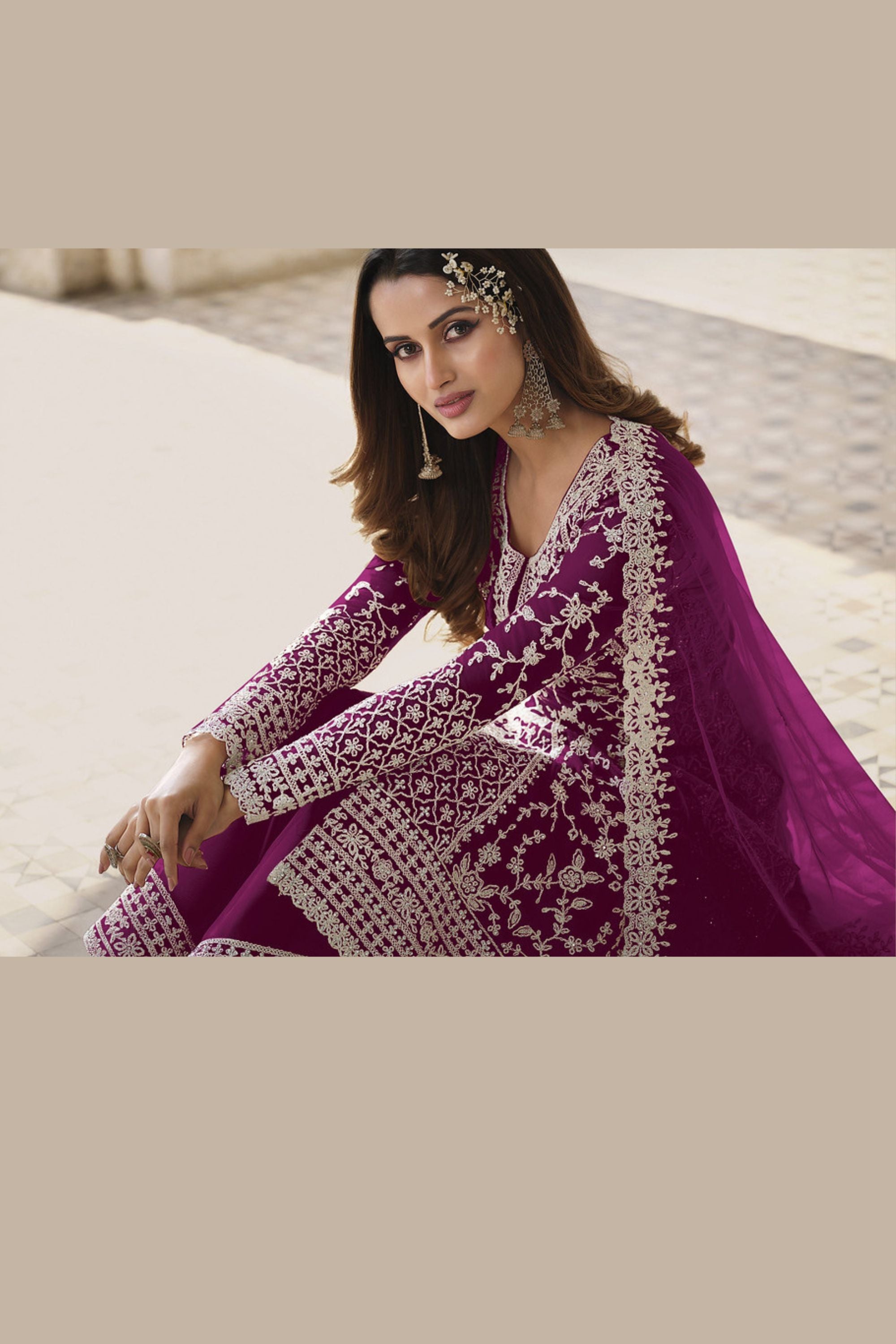 Dark Pink Net & Cording Work Salwar Kameez Plazzo Suit For Indian Wedding & Festival - Embroidery Work, Cording Work