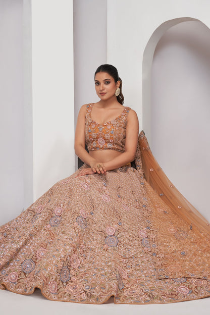 Peach Soft Net Lehenga Choli For Indian Festivals & Weddings - Sequins Work, Dori Work, Zarkan Work