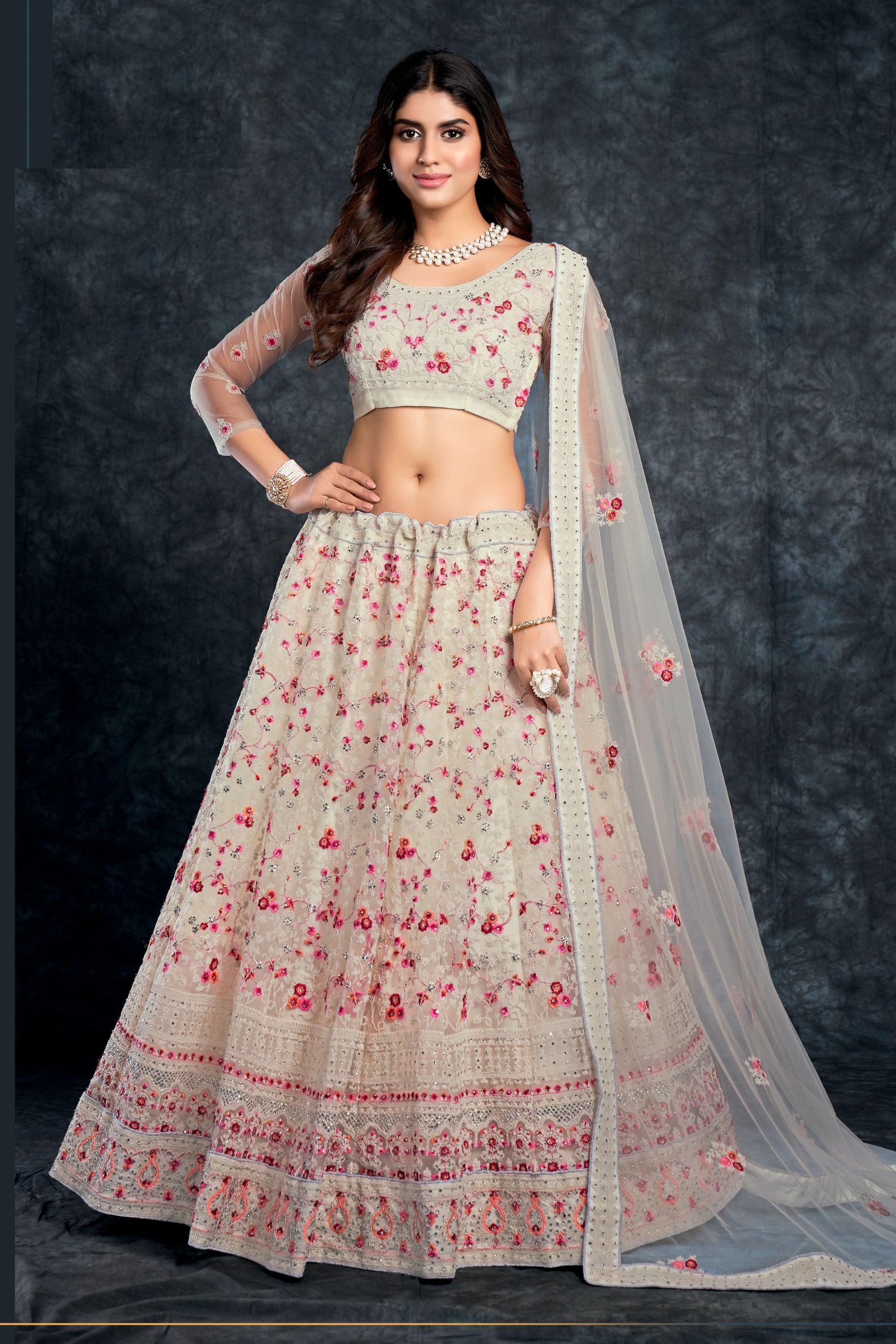 White Indian Silk Floral Embroidered Lehenga Choli For Indian Festivals & Weddings - Sequence Embroidery Work, Thread Work, Stone Work, Zari Work