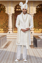 White Art Silk Traditional Indo Western Sherwani Long Kurta with Pant & Dupatta for Men for Wedding - Embroidery Work