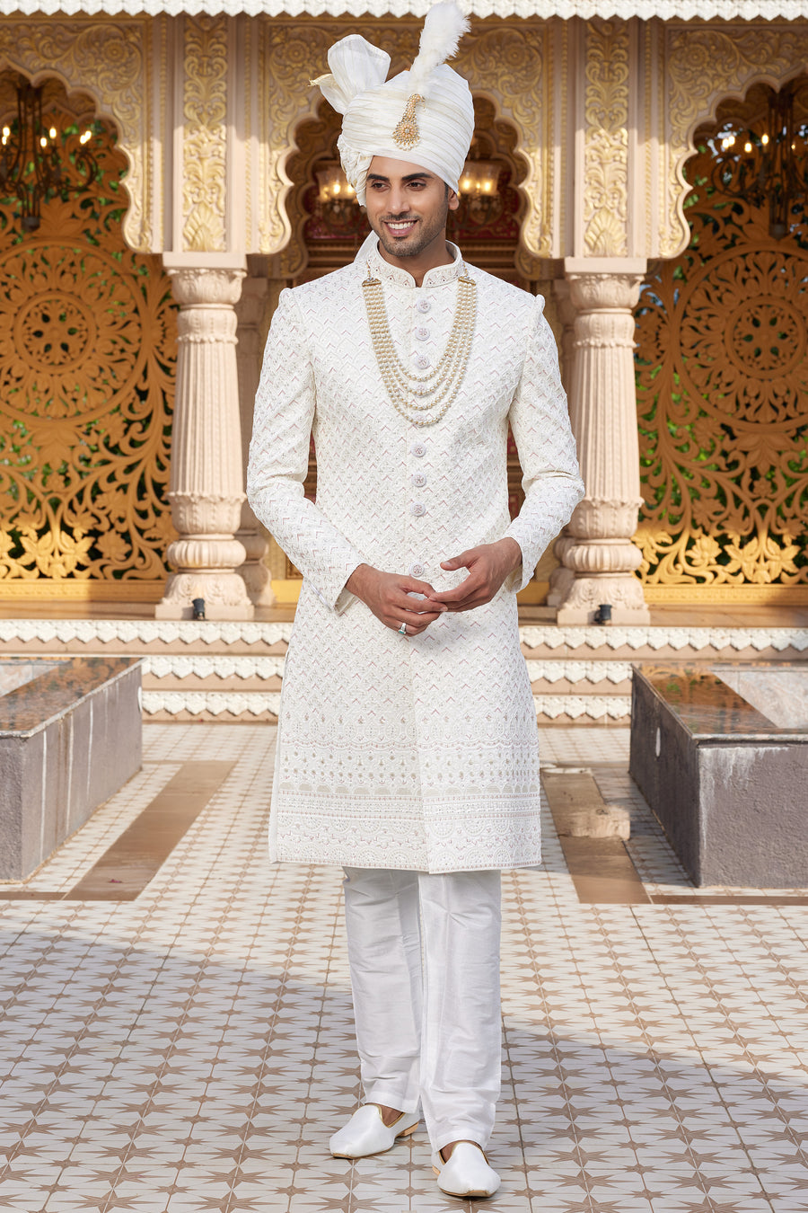 White Art Silk Traditional Indo Western Sherwani Long Kurta with Pant & Dupatta for Men for Wedding - Embroidery Work