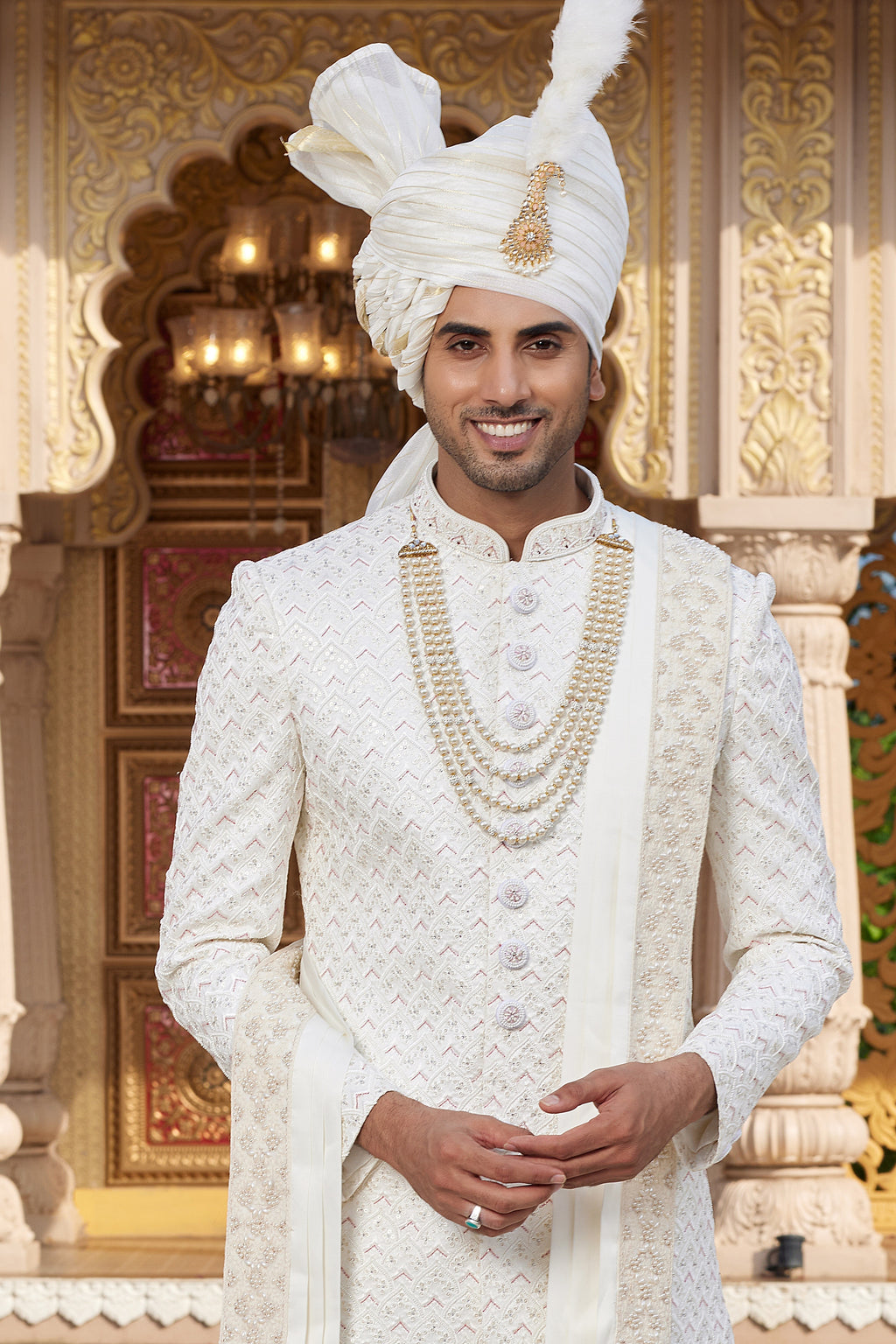White Art Silk Traditional Indo Western Sherwani Long Kurta with Pant & Dupatta for Men for Wedding - Embroidery Work