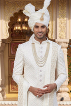 White Art Silk Traditional Indo Western Sherwani Long Kurta with Pant & Dupatta for Men for Wedding - Embroidery Work