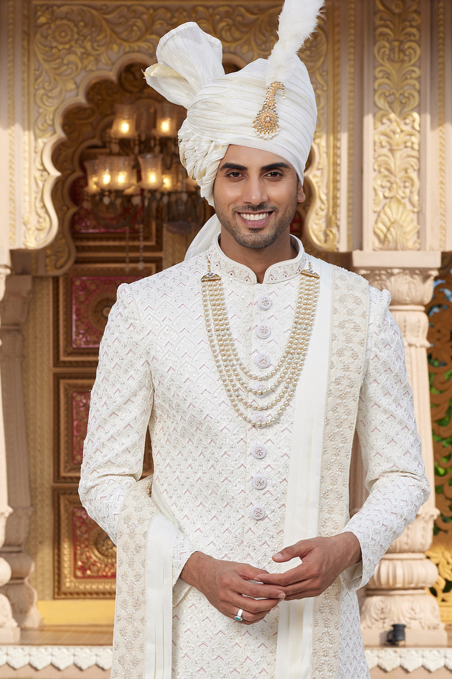 White Art Silk Traditional Indo Western Sherwani Long Kurta with Pant & Dupatta for Men for Wedding - Embroidery Work