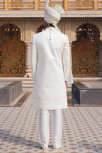 White Art Silk Traditional Indo Western Sherwani Long Kurta with Pant & Dupatta for Men for Wedding - Embroidery Work