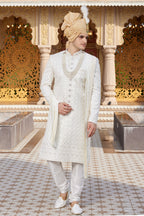 Cream Art Silk Traditional Indo Western Sherwani Long Kurta with Pant & Dupatta for Men for Wedding - Embroidery Work