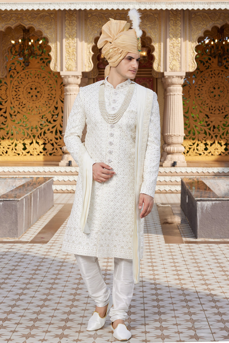 Cream Art Silk Traditional Indo Western Sherwani Long Kurta with Pant & Dupatta for Men for Wedding - Embroidery Work