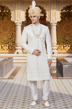 Cream Art Silk Traditional Indo Western Sherwani Long Kurta with Pant & Dupatta for Men for Wedding - Embroidery Work