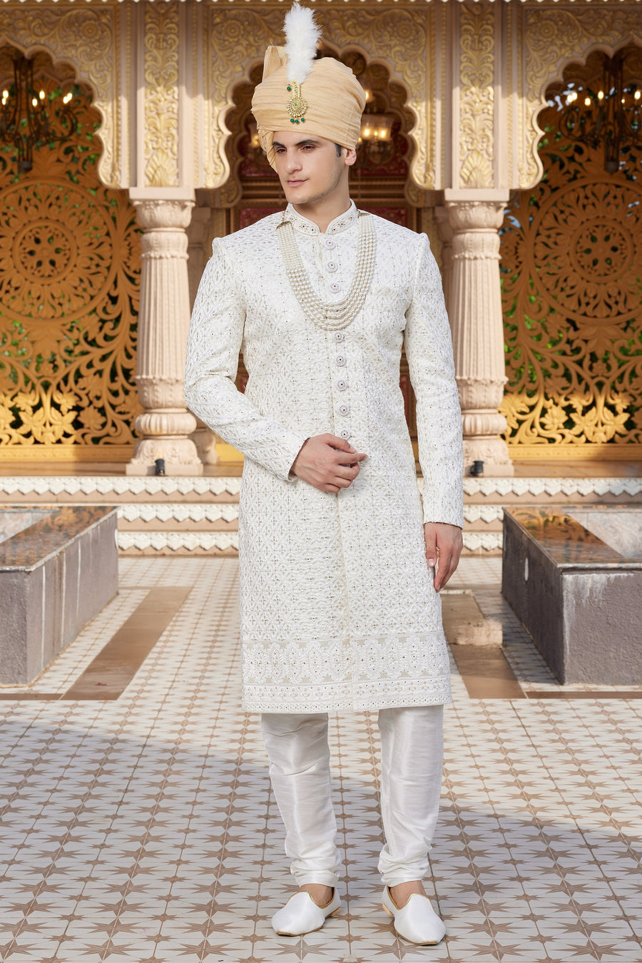 Cream Art Silk Traditional Indo Western Sherwani Long Kurta with Pant & Dupatta for Men for Wedding - Embroidery Work