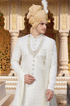 Cream Art Silk Traditional Indo Western Sherwani Long Kurta with Pant & Dupatta for Men for Wedding - Embroidery Work
