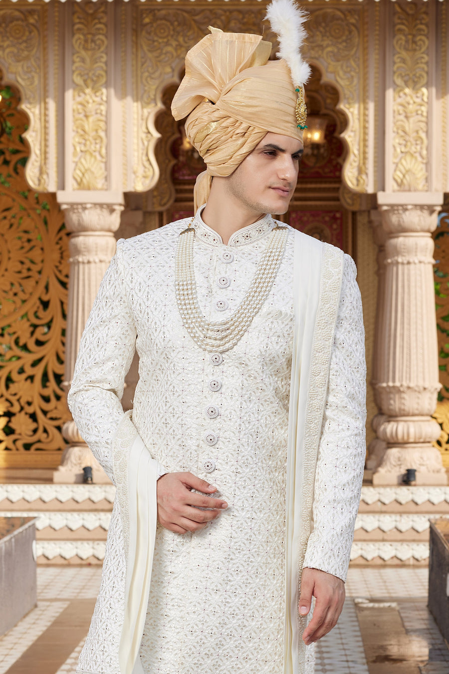 Cream Art Silk Traditional Indo Western Sherwani Long Kurta with Pant & Dupatta for Men for Wedding - Embroidery Work
