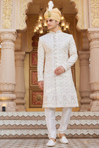 Cream Art Silk Traditional Sherwani Long Kurta & Pant for Men for Wedding - Embroidery Work