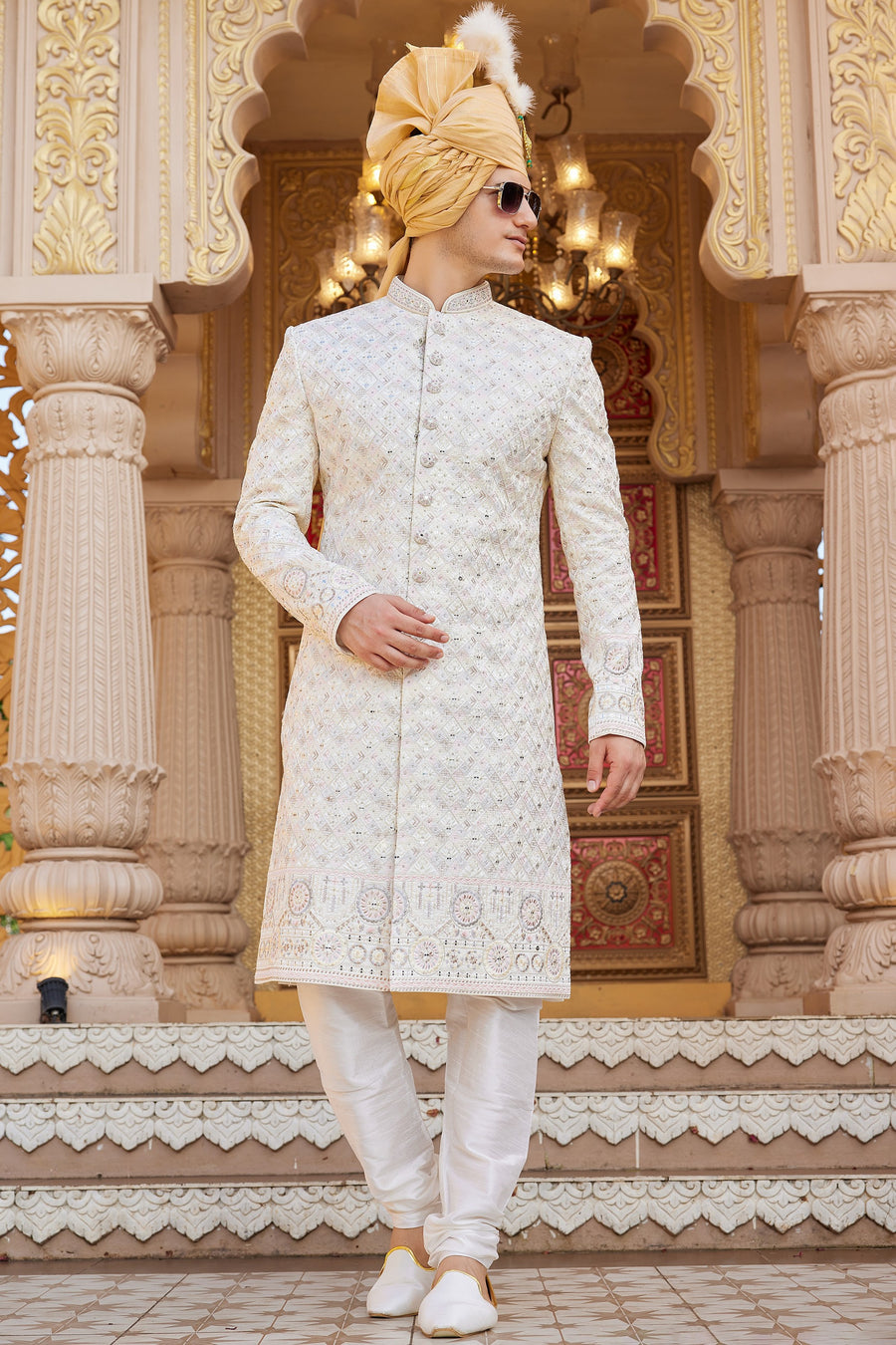 Cream Art Silk Traditional Sherwani Long Kurta & Pant for Men for Wedding - Embroidery Work