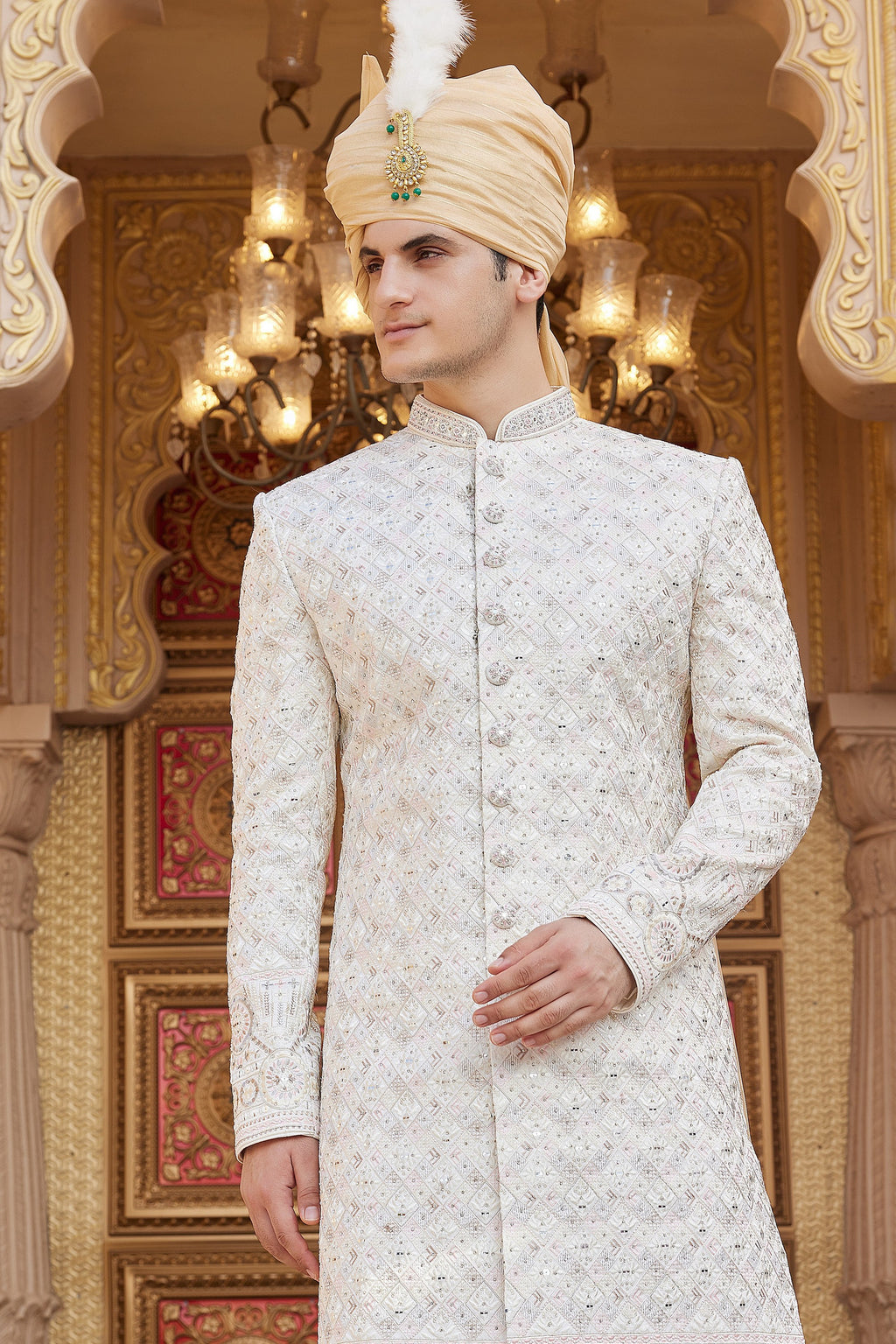 Cream Art Silk Traditional Sherwani Long Kurta & Pant for Men for Wedding - Embroidery Work