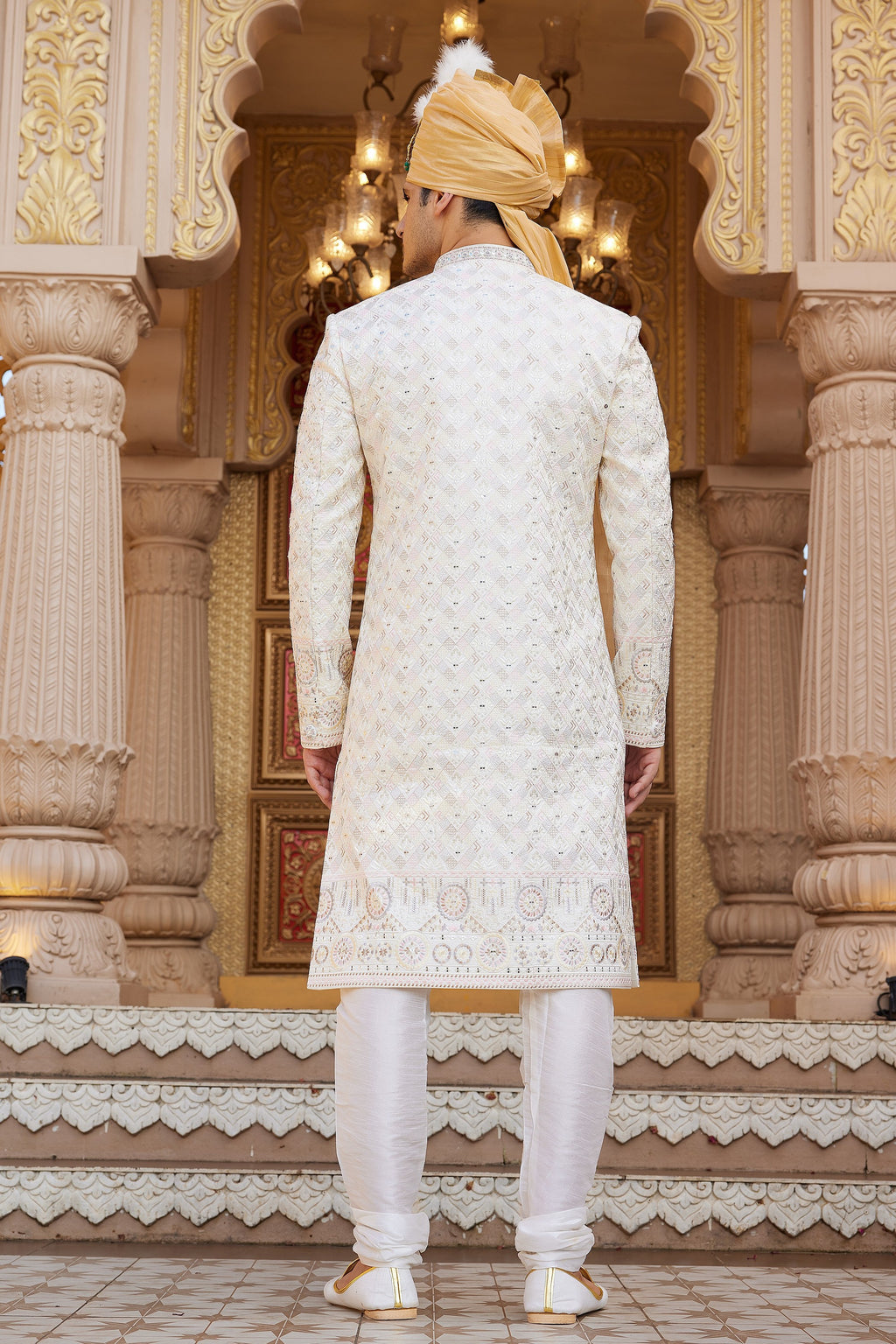Cream Art Silk Traditional Sherwani Long Kurta & Pant for Men for Wedding - Embroidery Work