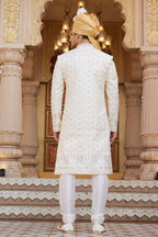 Cream Art Silk Traditional Sherwani Long Kurta & Pant for Men for Wedding - Embroidery Work