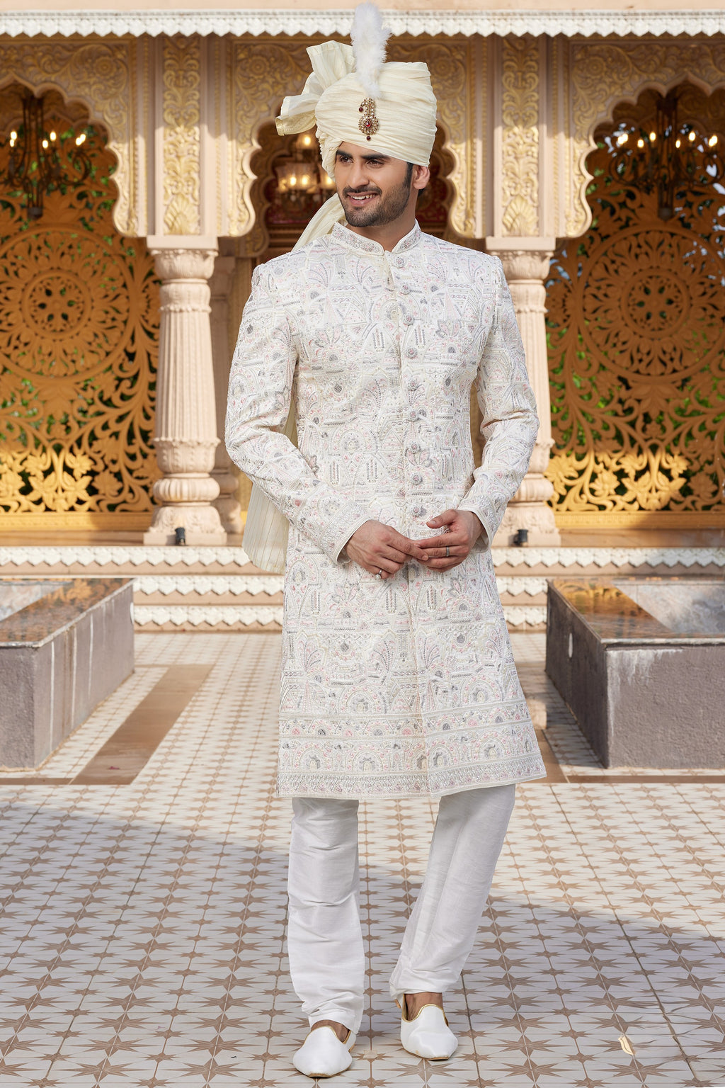 White Art Silk Traditional Sherwani Long Kurta & Pant for Men for Wedding - Embroidery Work