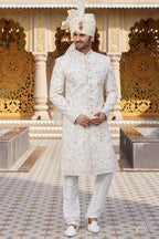 White Art Silk Traditional Sherwani Long Kurta & Pant for Men for Wedding - Embroidery Work