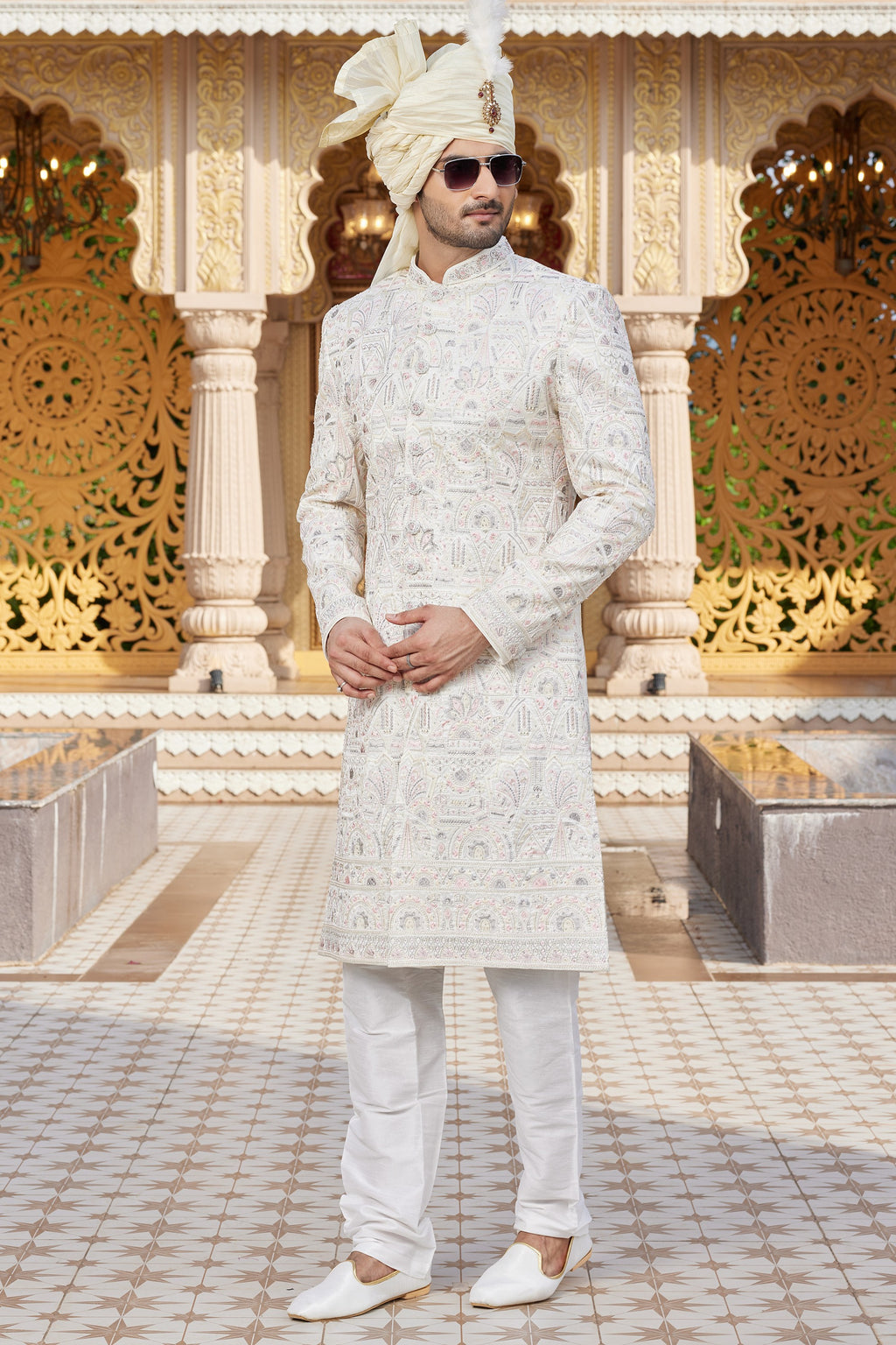 White Art Silk Traditional Sherwani Long Kurta & Pant for Men for Wedding - Embroidery Work