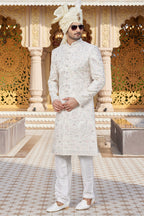 White Art Silk Traditional Sherwani Long Kurta & Pant for Men for Wedding - Embroidery Work