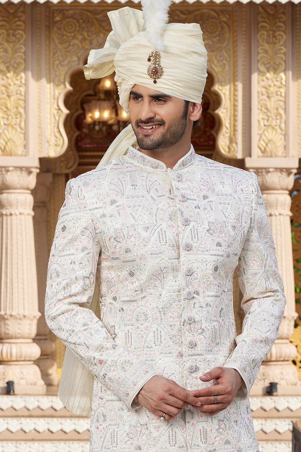 White Art Silk Traditional Sherwani Long Kurta & Pant for Men for Wedding - Embroidery Work
