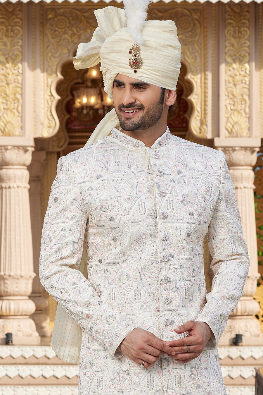 White Art Silk Traditional Sherwani Long Kurta & Pant for Men for Wedding - Embroidery Work