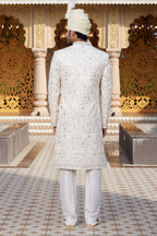 White Art Silk Traditional Sherwani Long Kurta & Pant for Men for Wedding - Embroidery Work