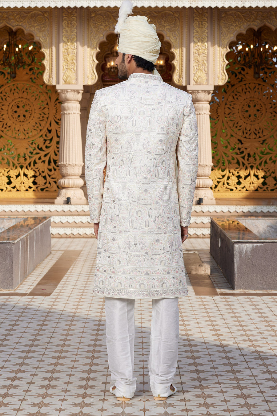 White Art Silk Traditional Sherwani Long Kurta & Pant for Men for Wedding - Embroidery Work
