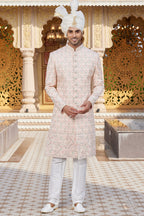 Peach Art Silk Traditional Sherwani Long Kurta & Pant for Men for Wedding - Embroidery Work