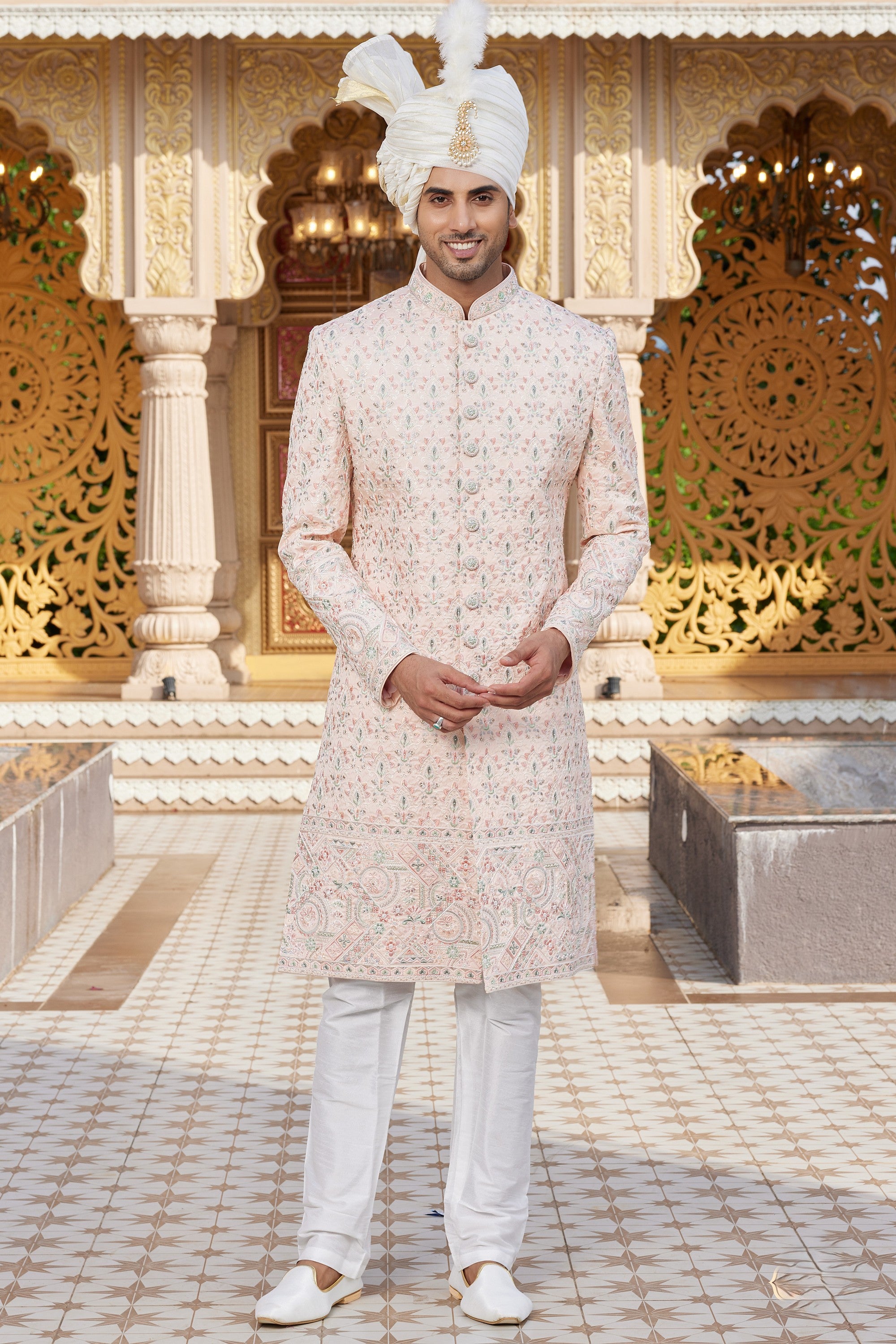 Peach Art Silk Traditional Sherwani Long Kurta & Pant for Men for Wedding - Embroidery Work