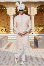 Peach Art Silk Traditional Sherwani Long Kurta & Pant for Men for Wedding - Embroidery Work