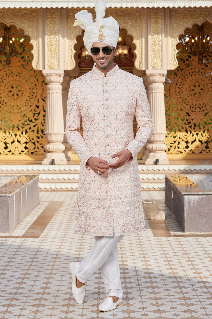 Peach Art Silk Traditional Sherwani Long Kurta & Pant for Men for Wedding - Embroidery Work