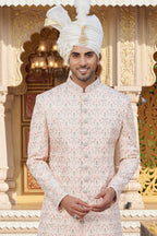 Peach Art Silk Traditional Sherwani Long Kurta & Pant for Men for Wedding - Embroidery Work