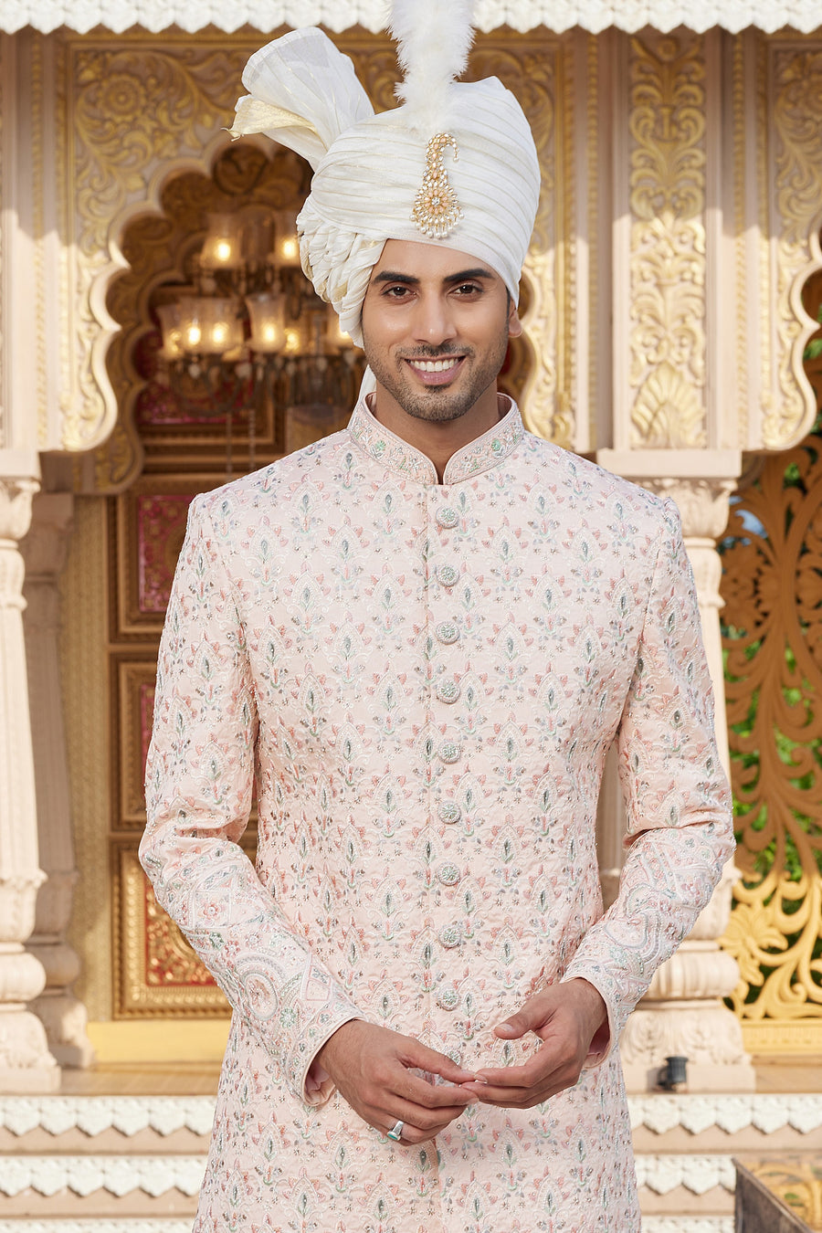 Peach Art Silk Traditional Sherwani Long Kurta & Pant for Men for Wedding - Embroidery Work