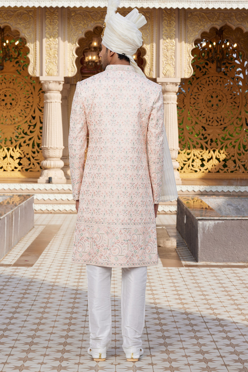 Peach Art Silk Traditional Sherwani Long Kurta & Pant for Men for Wedding - Embroidery Work