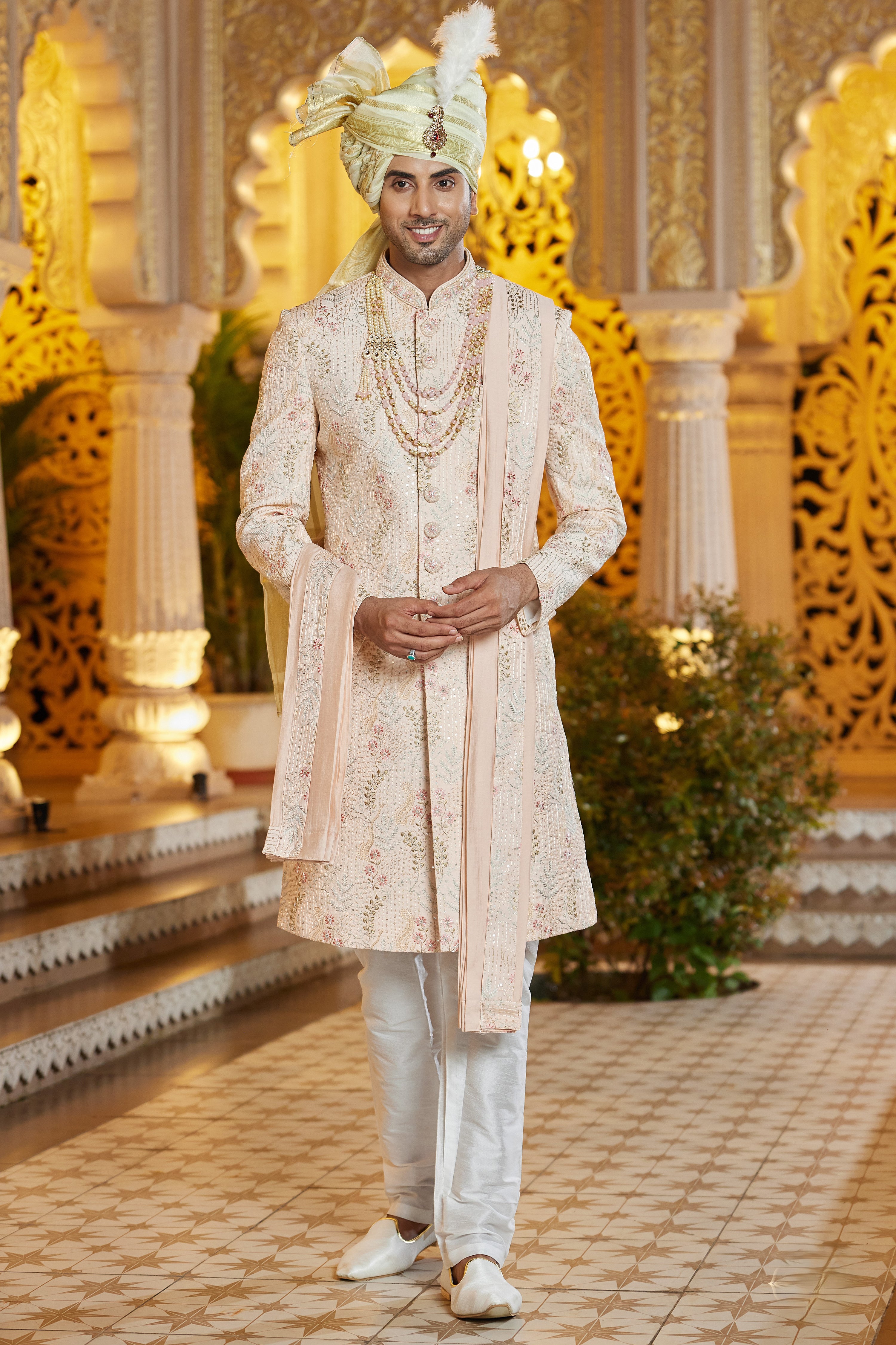 Peach Art Silk Traditional Indo Western Sherwani Long Kurta with Pant & Dupatta for Men for Wedding - Embroidery Work