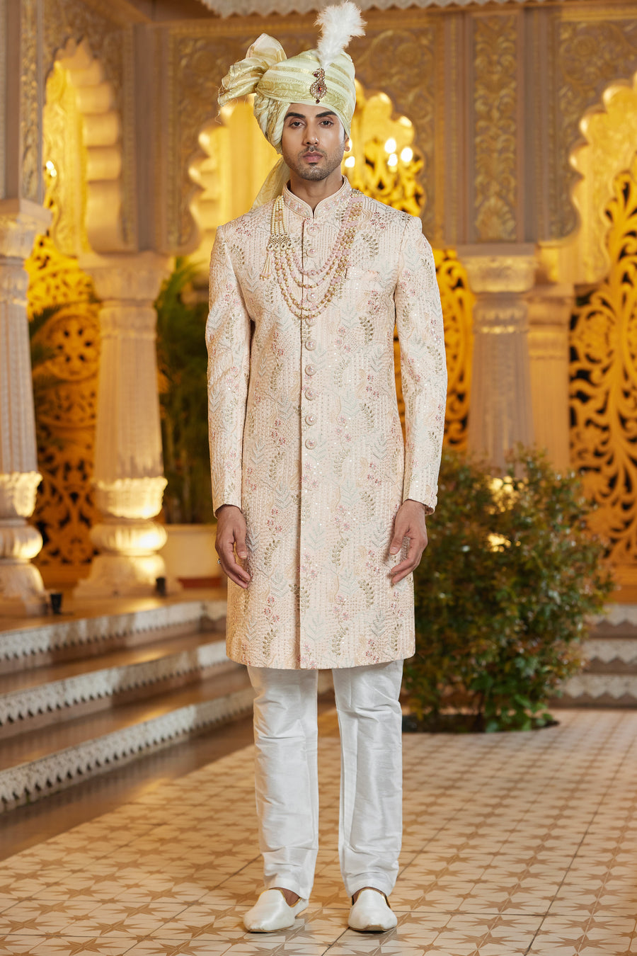 Peach Art Silk Traditional Indo Western Sherwani Long Kurta with Pant & Dupatta for Men for Wedding - Embroidery Work