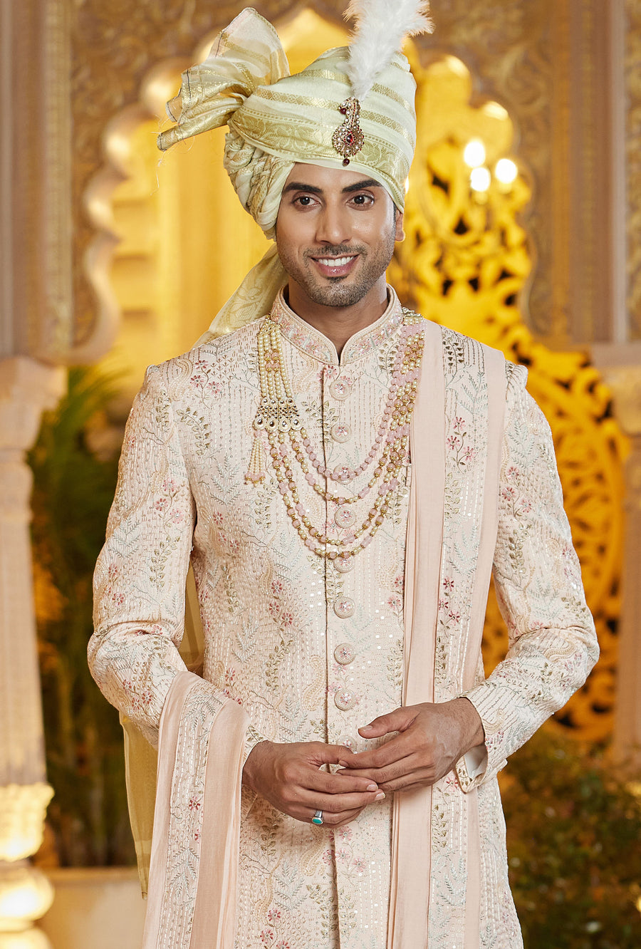 Peach Art Silk Traditional Indo Western Sherwani Long Kurta with Pant & Dupatta for Men for Wedding - Embroidery Work
