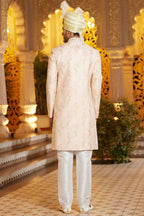 Peach Art Silk Traditional Indo Western Sherwani Long Kurta with Pant & Dupatta for Men for Wedding - Embroidery Work