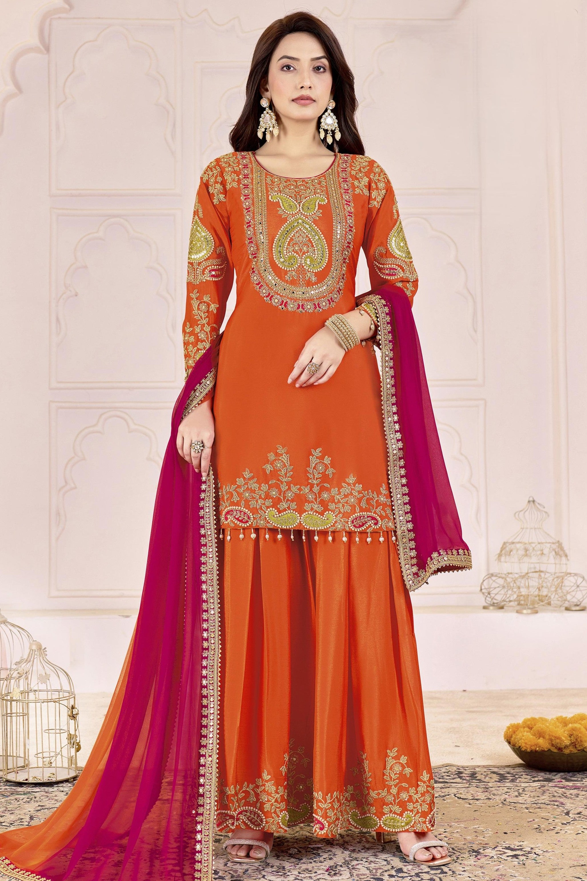 Red Orange Chinon Silk Palazzo Suit For Indian & Pakistani Wedding Festival - Sequence Embroidery Work, Dori Work, Moti Work