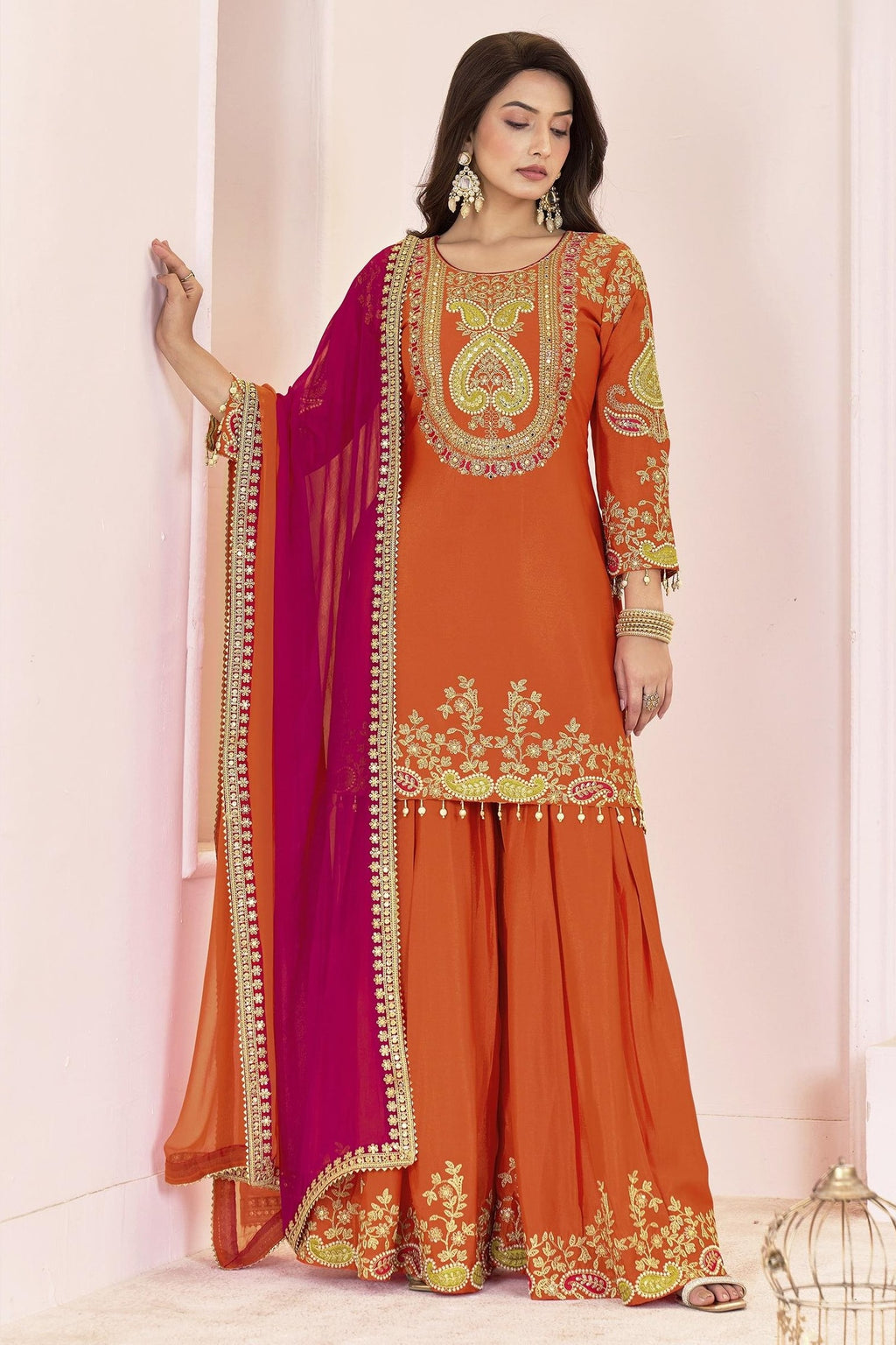 Red Orange Chinon Silk Palazzo Suit For Indian & Pakistani Wedding Festival - Sequence Embroidery Work, Dori Work, Moti Work